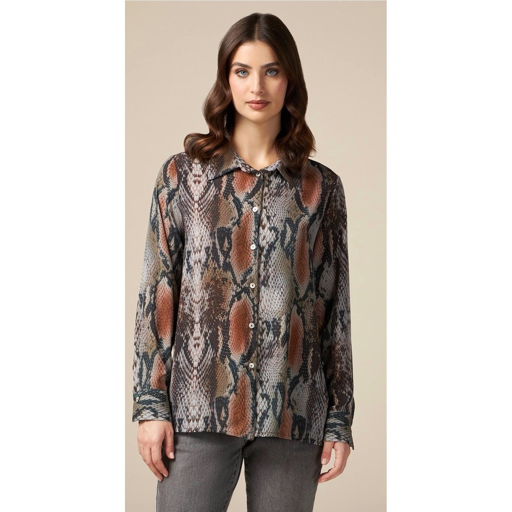 Oltre Italy Georgette Snakeskin Print Button Down Blouse Brown Blue USA 8 NEW